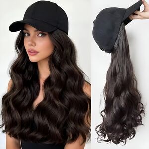 20Inch Long Curly Hat Wig Baseball Cap Brown Hairpiece Adjustable
